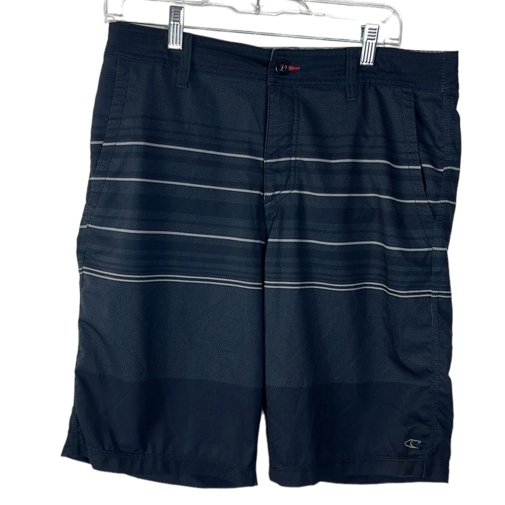 O'Neill Shorts Men's 32 Black & Gray Striped Lightweight Zip Inside Drawstring‎